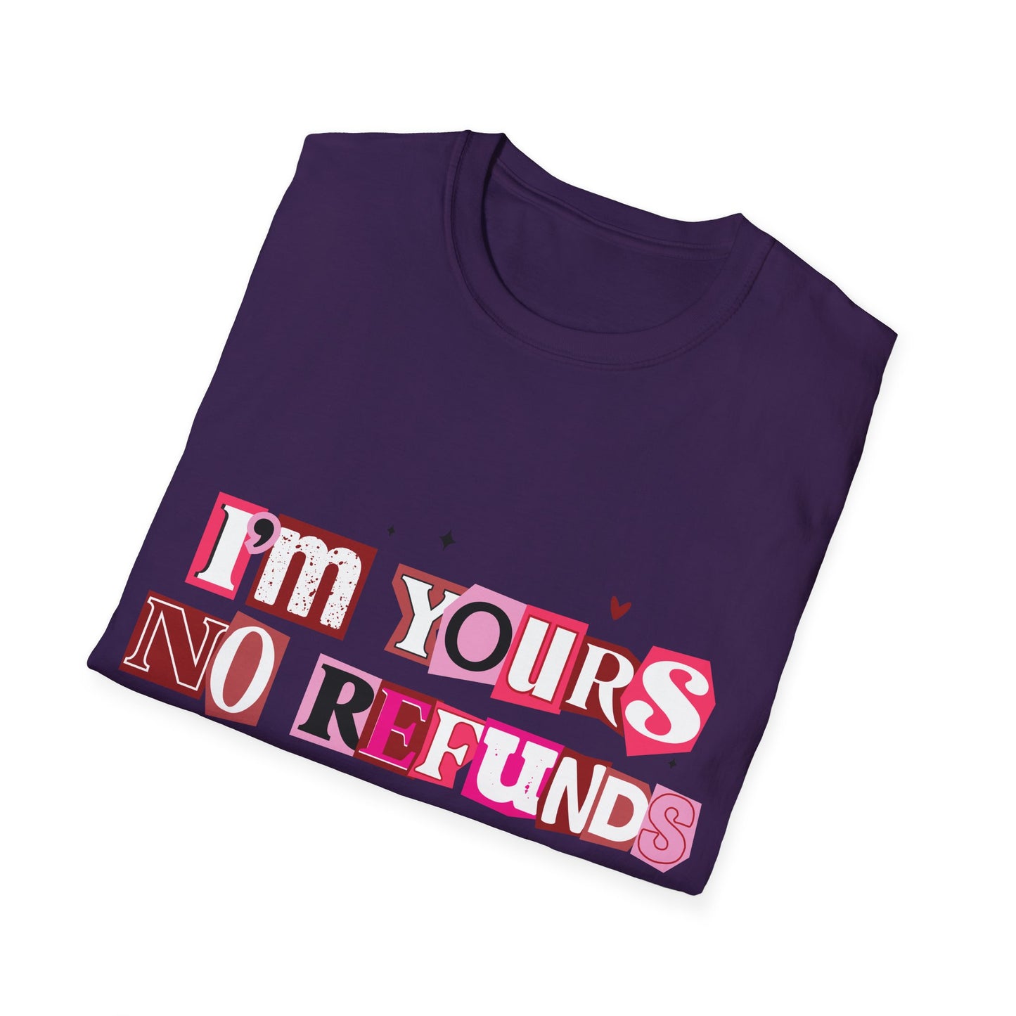 Fialové tričko s potiskem I'm Yours NO REFUNDS v růžových odstínech