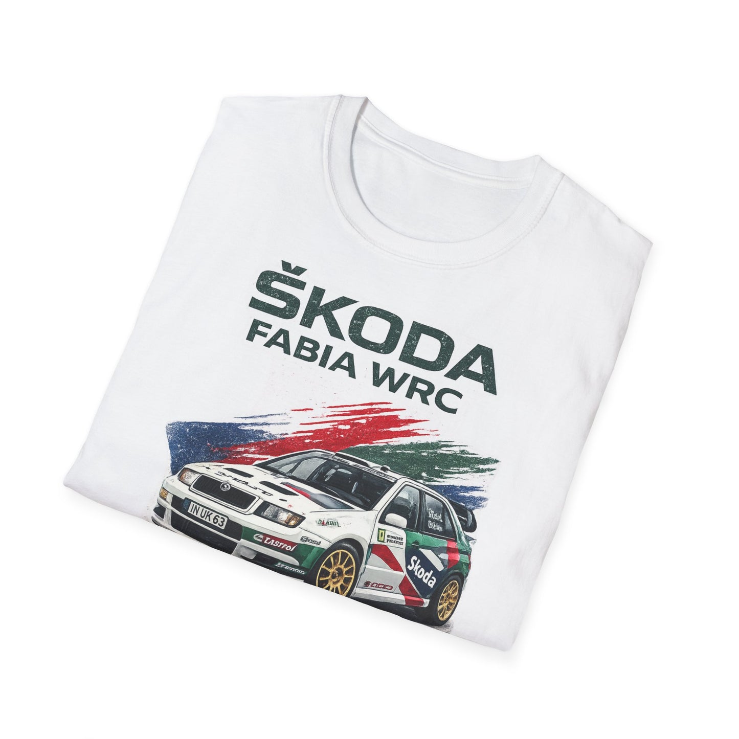 Bílé tričko s potiskem závodního vozu Škoda Fabia WRC