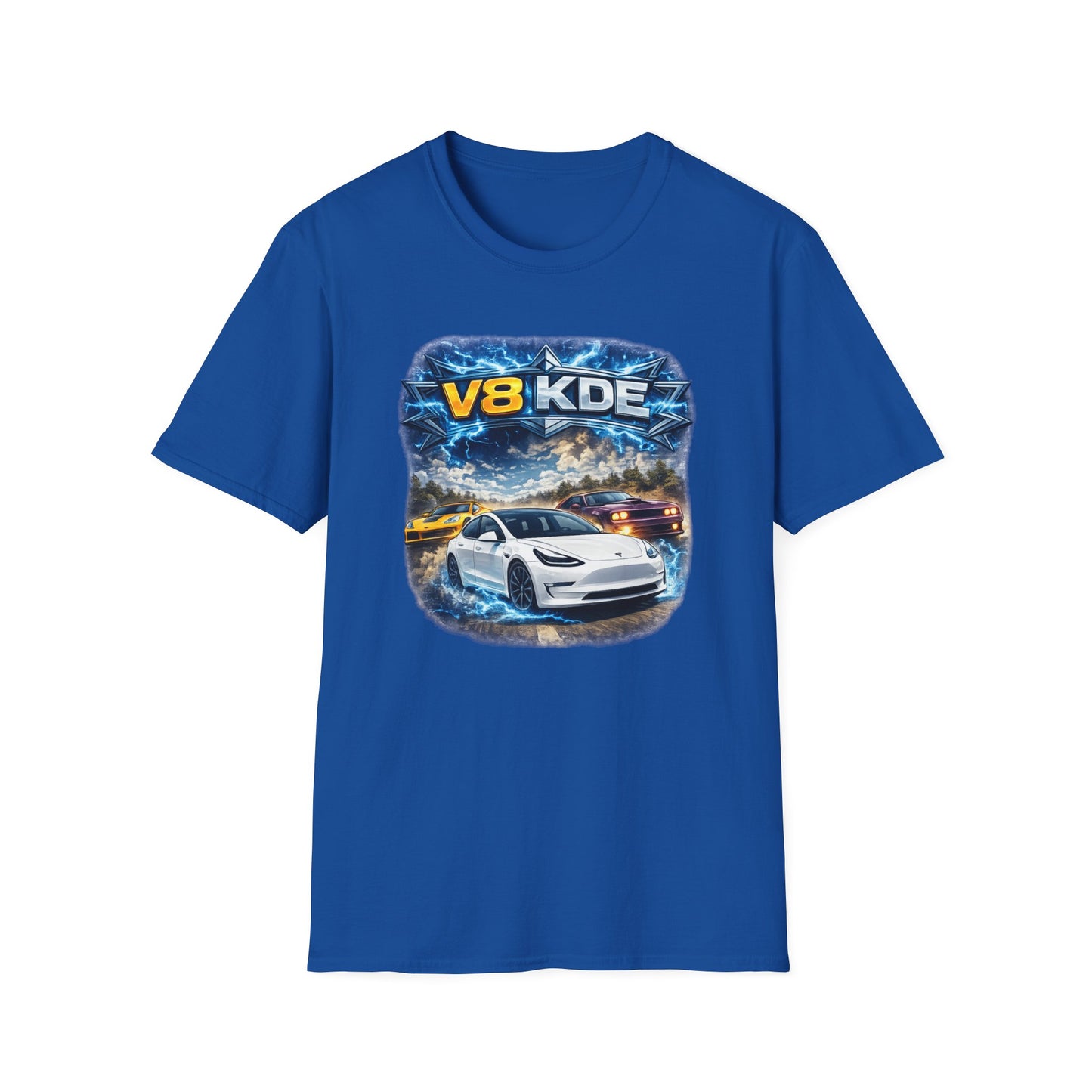 Modré tričko s Teslou Model 3 a nápisem V8 KDE