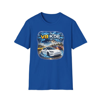 Modré tričko s Teslou Model 3 a nápisem V8 KDE