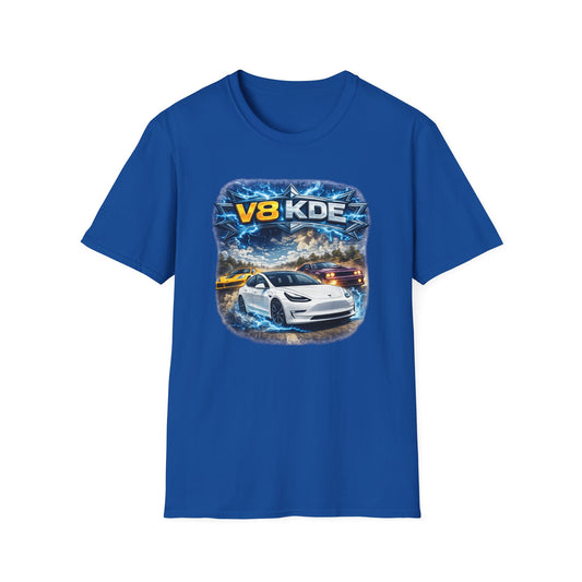 Modré tričko s Teslou Model 3 a nápisem V8 KDE