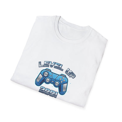 Bílé tričko s modrým herním ovladačem a nápisem Level Up