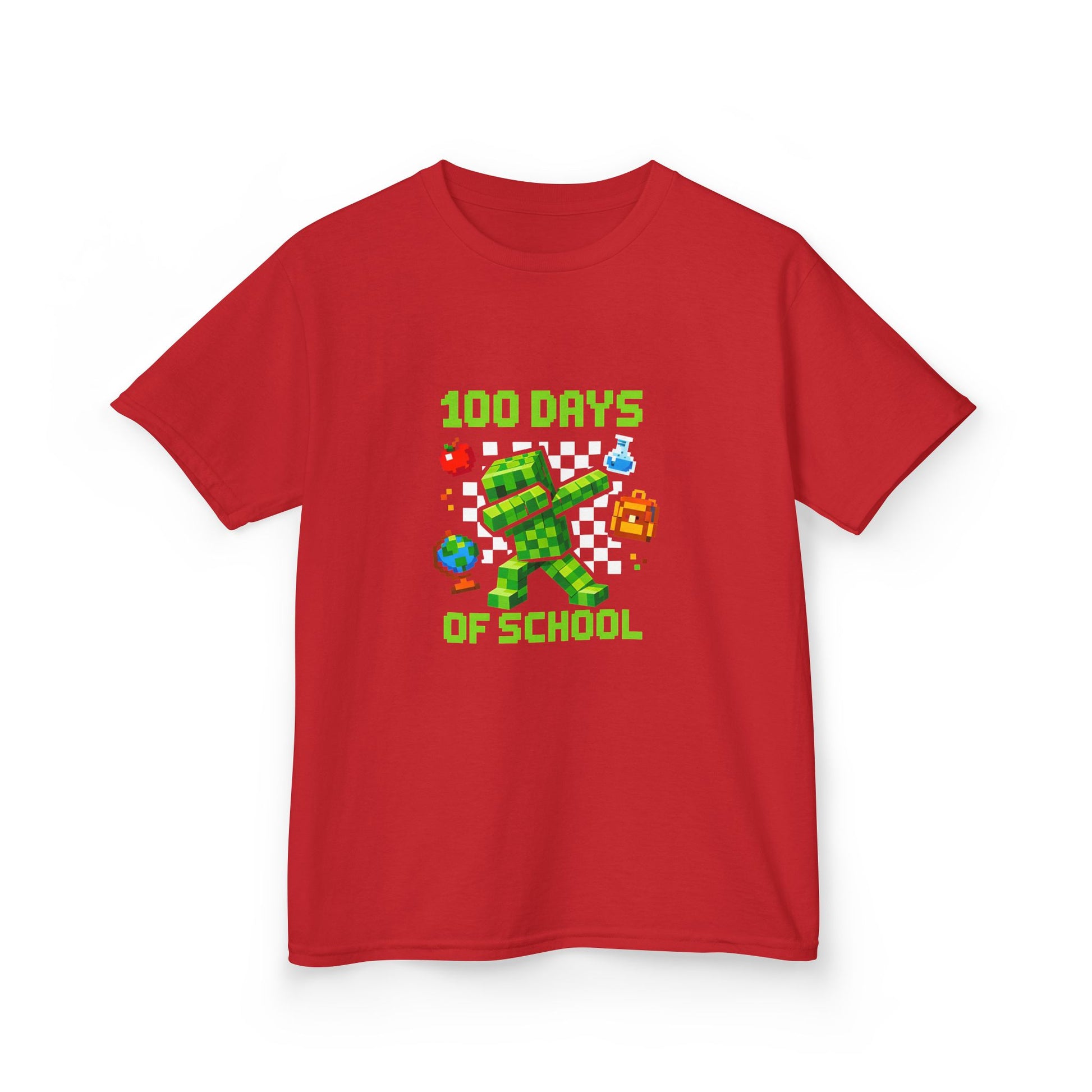 Červené dětské tričko s pixelovým nápisem 100 Days of School