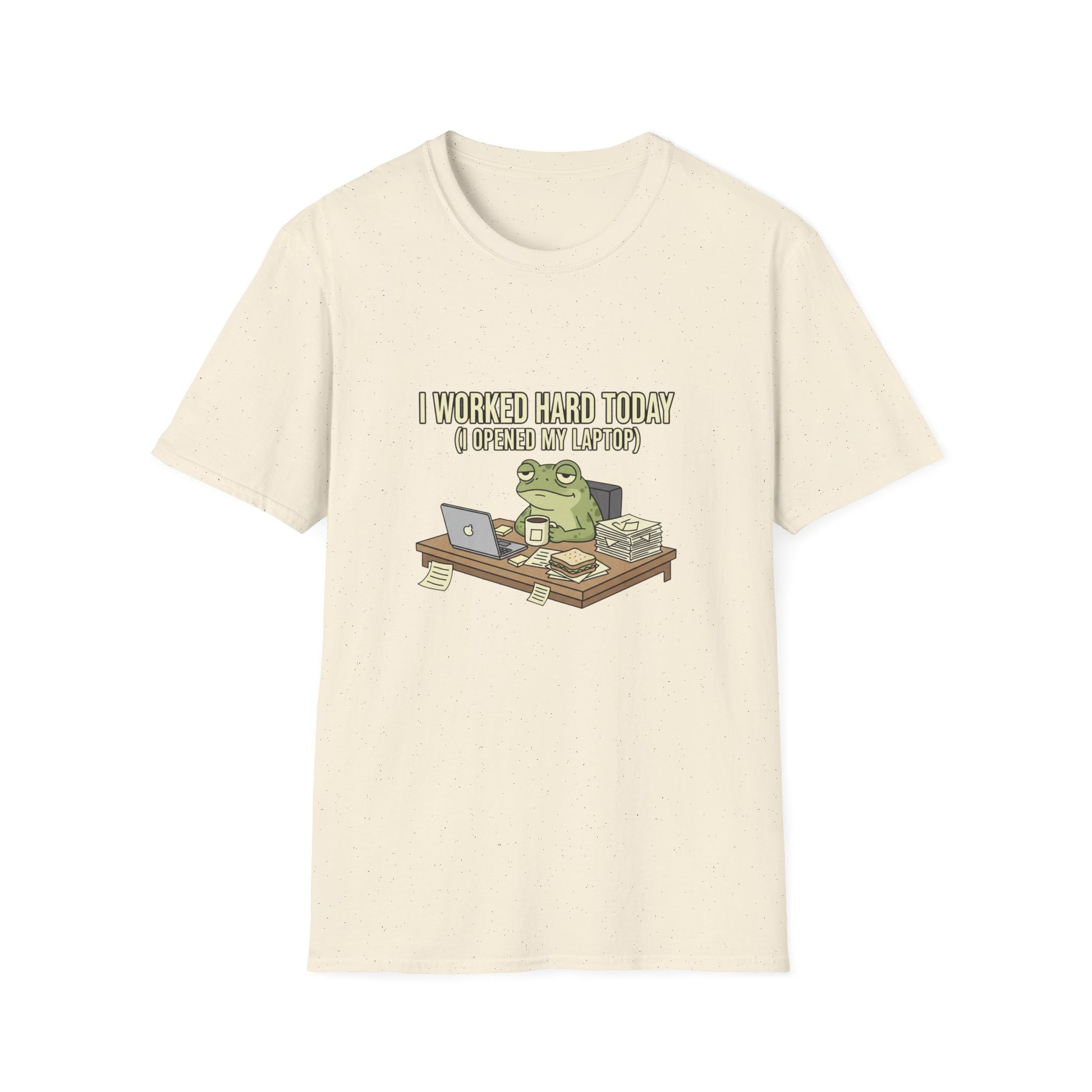 Béžové tričko s potiskem žabky u laptopu I Worked Hard Today