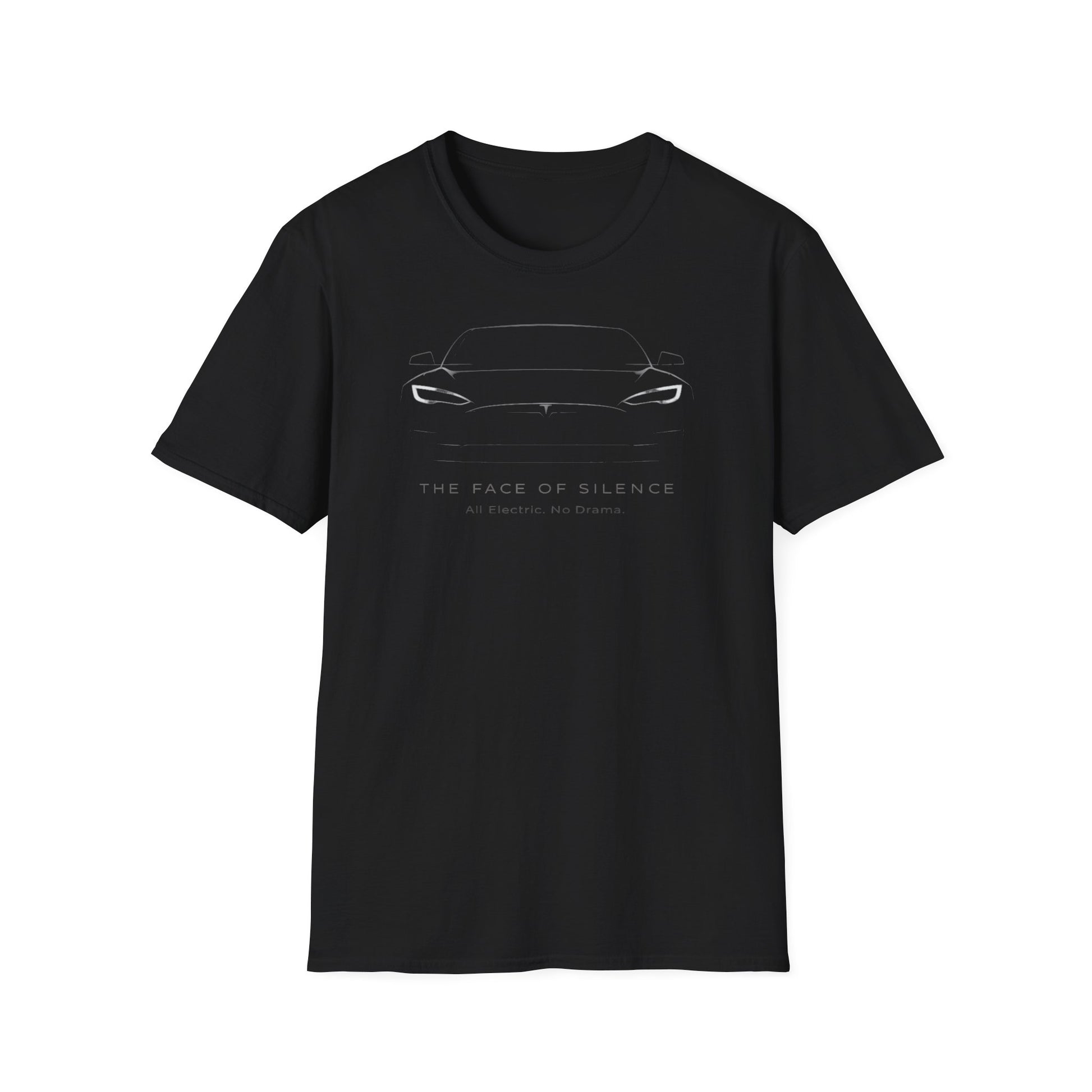 Černé tričko s motivem Tesla Model S a nápisem The face of silence
