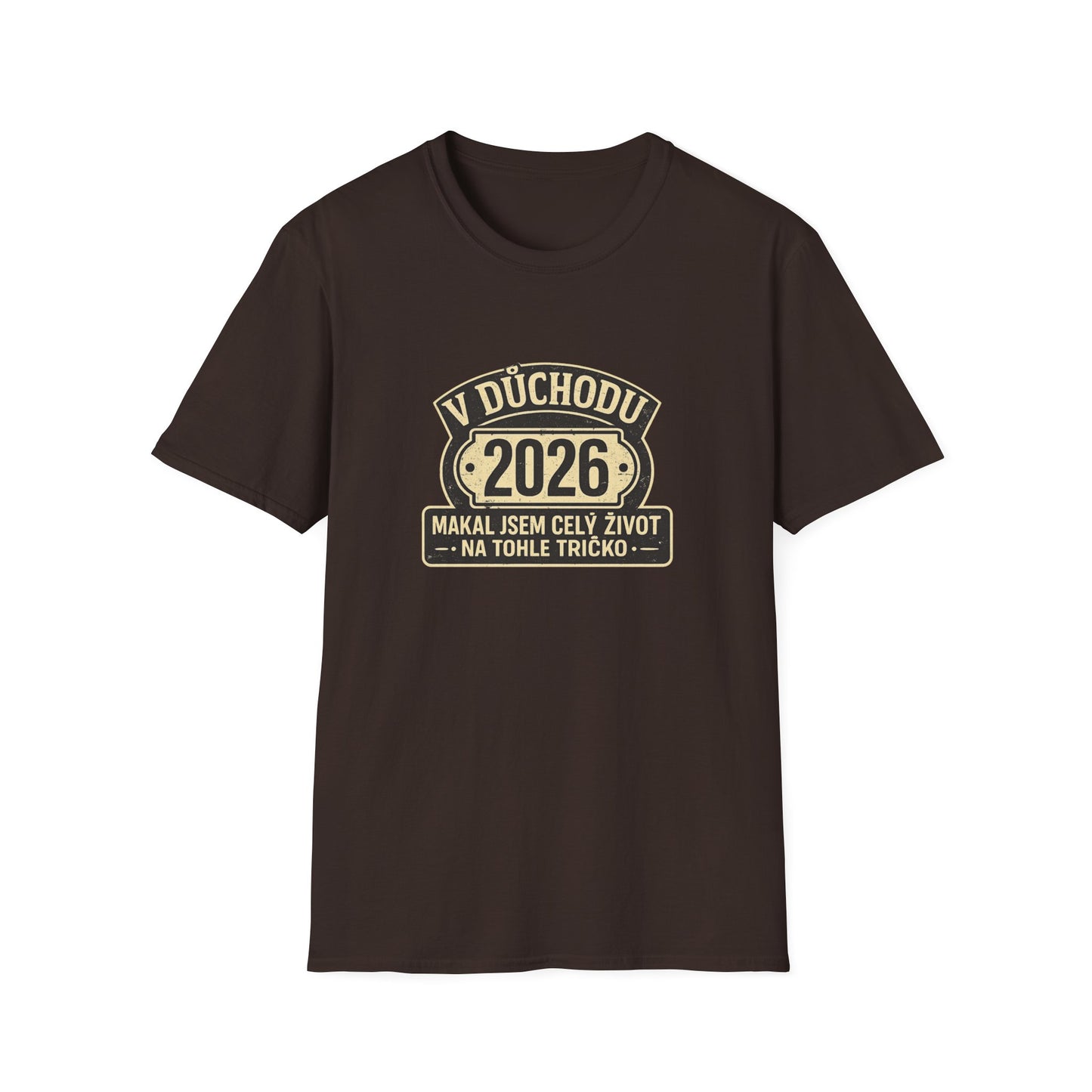 Tmavě hnědé tričko s potiskem V důchodu 2026