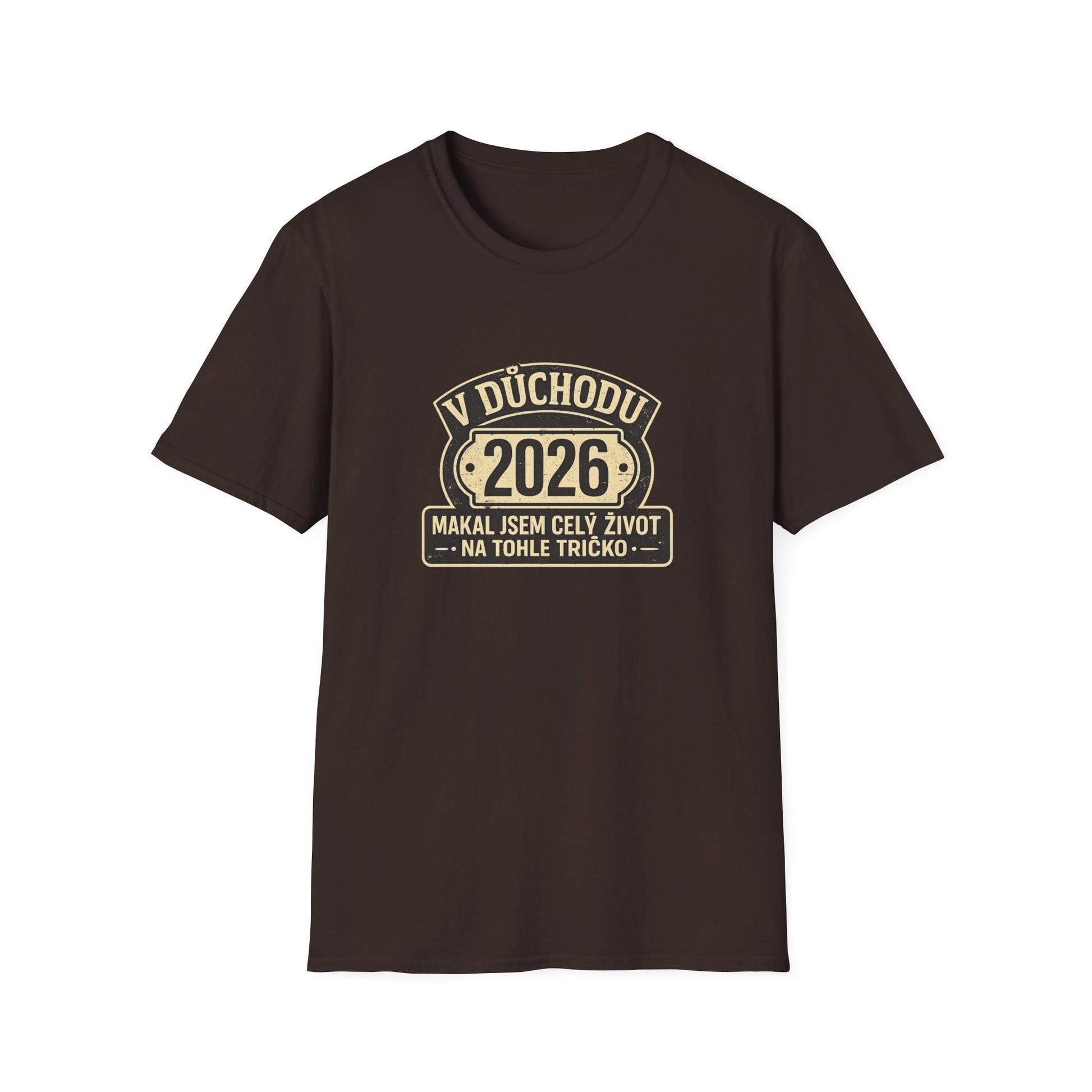 Tmavě hnědé tričko s potiskem V důchodu 2026