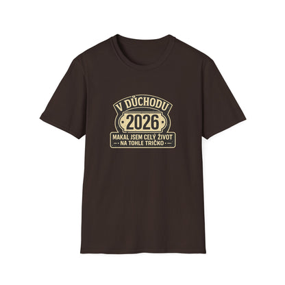 Tmavě hnědé tričko s potiskem V důchodu 2026