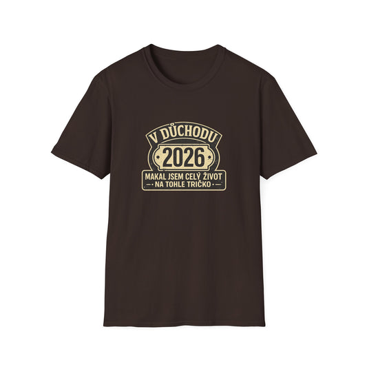 Tmavě hnědé tričko s potiskem V důchodu 2026