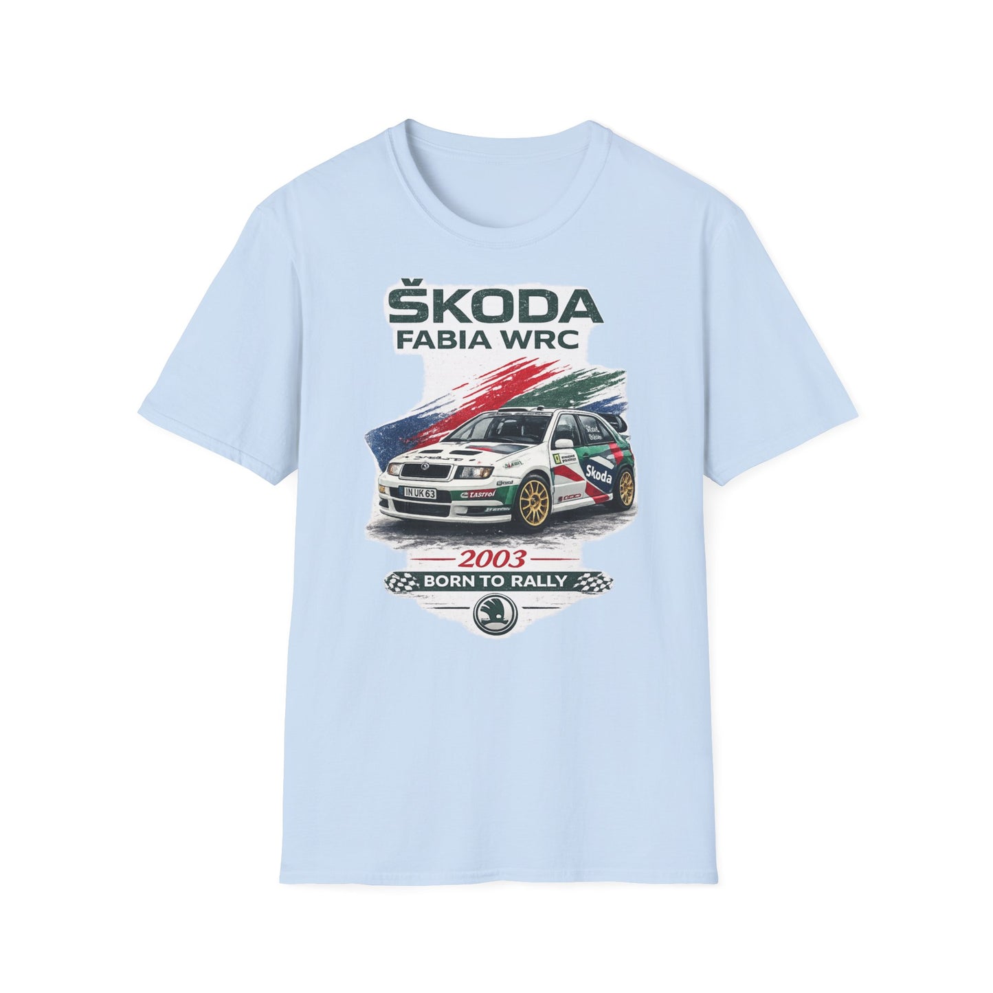 Světle modré tričko se závodní Škodou Fabia WRC