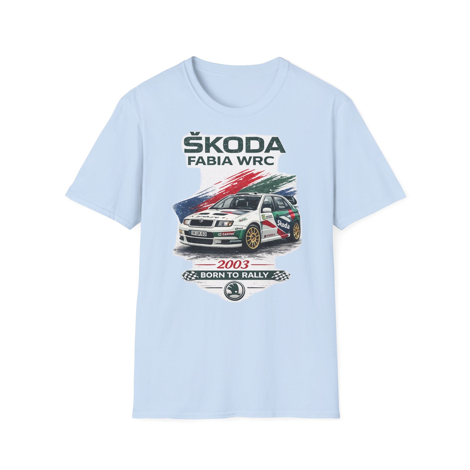 Světle modré tričko se závodní Škodou Fabia WRC