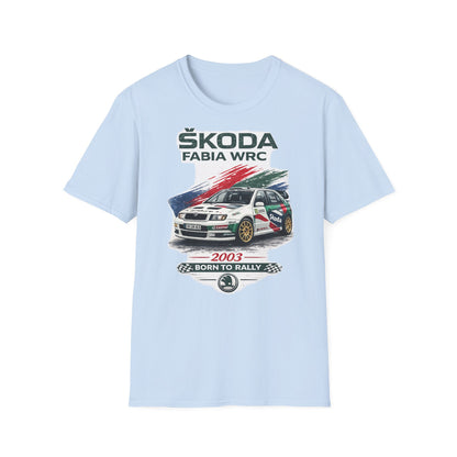 Světle modré tričko se závodní Škodou Fabia WRC
