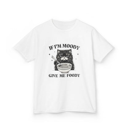 Bílé tričko s černobílým motivem kocoura s hříbem nad miskou nudlí