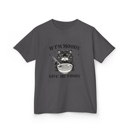 Tmavě šedé tričko s kocourem s nudlemi a nápisem Moody Foody