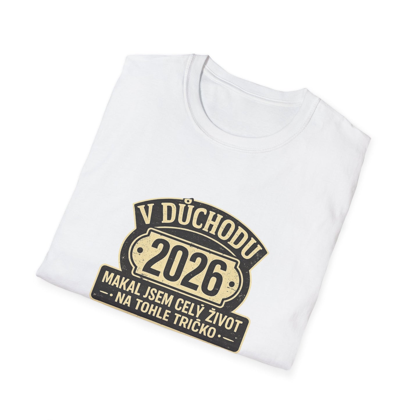 Bílé tričko se štítkem V DŮCHODU 2026 a vtipným textem