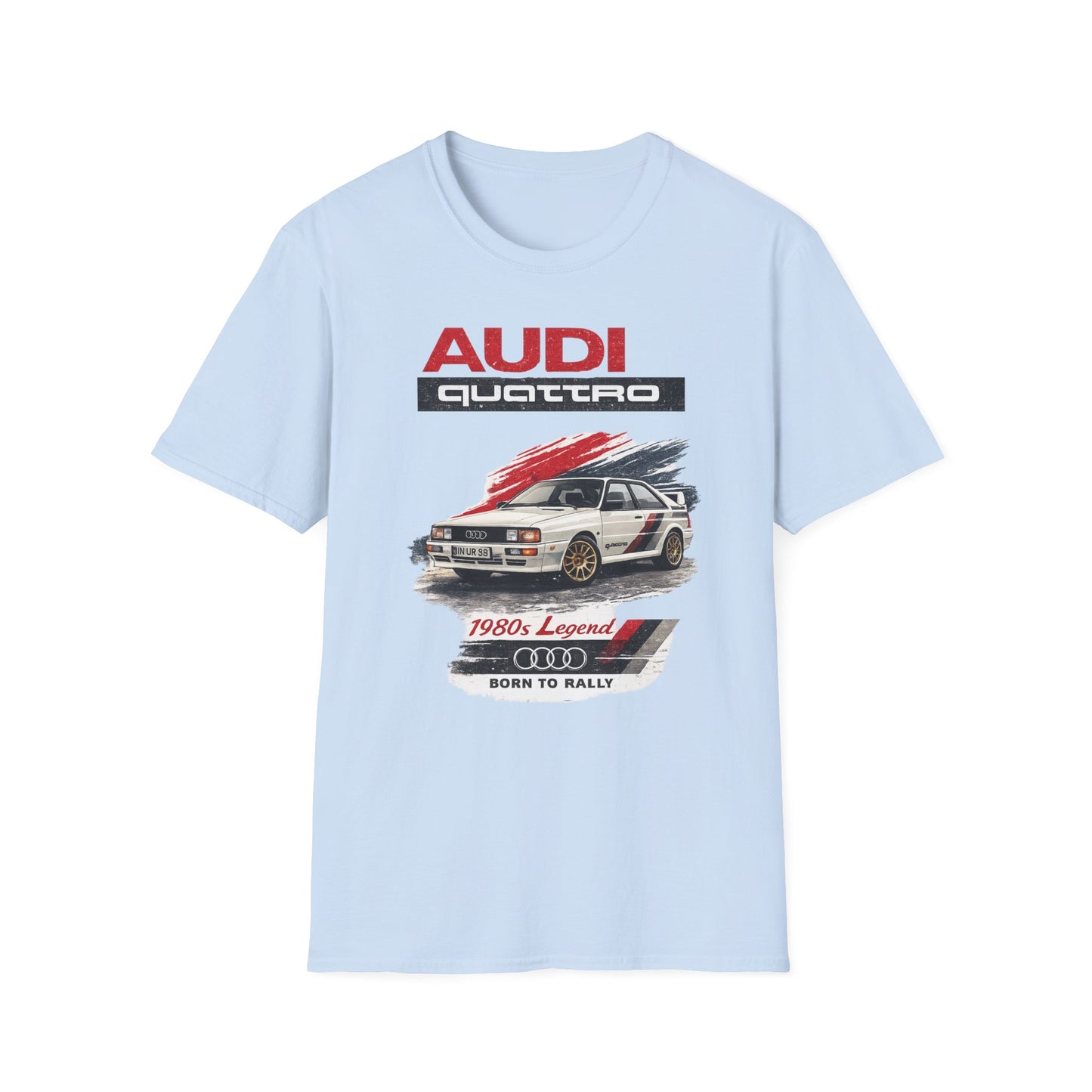 Světle modré tričko s potiskem bílého Audi Quattro s pruhy