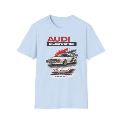 Světle modré tričko s potiskem bílého Audi Quattro s pruhy