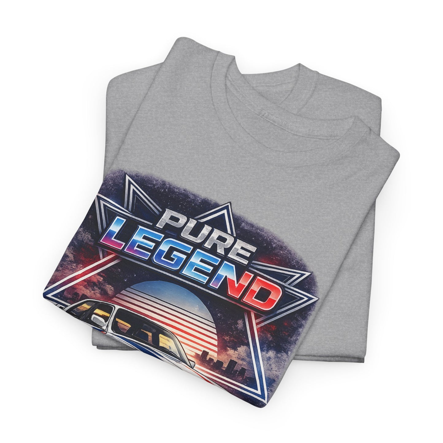 Světle šedé tričko s potiskem PURE LEGEND ve stylu retro-futurismu