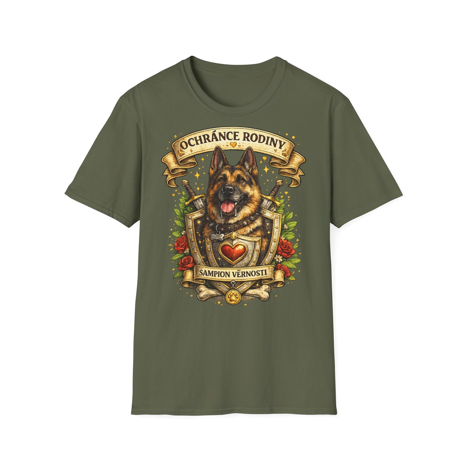 Německý ovčák, ochránce rodiny — tričko v barvě Military Green