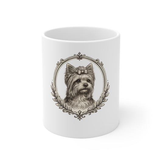 Bílý hrnek s černobílým portrétem yorkshirského teriéra