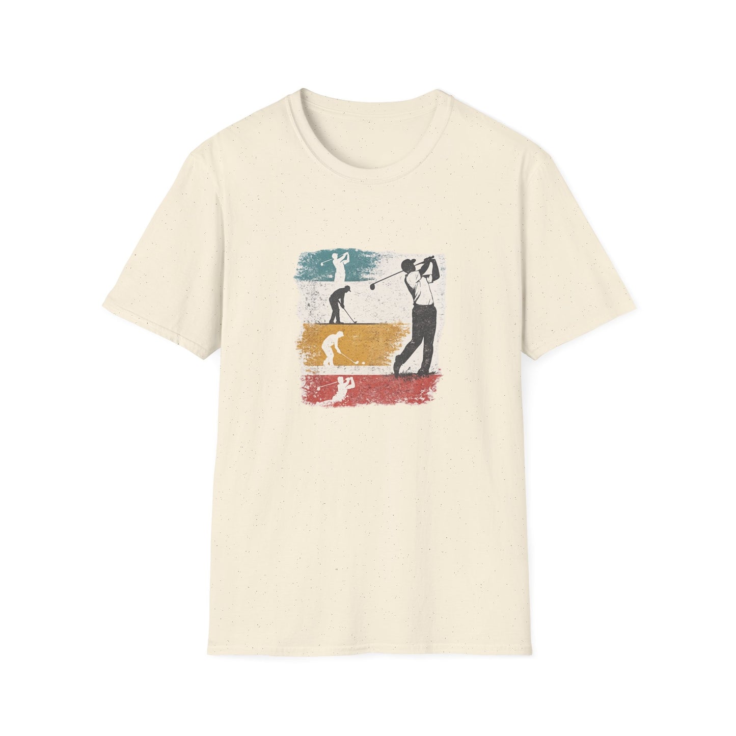 Světle béžové tričko s golfovými pozami ve třech barevných pásech