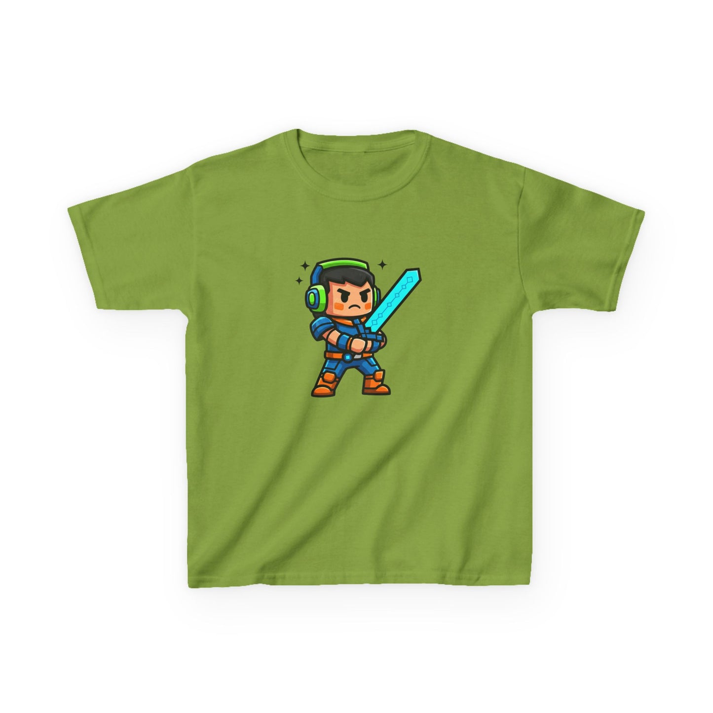 Zelené dětské tričko s pixel art postavou s mečem a helmou