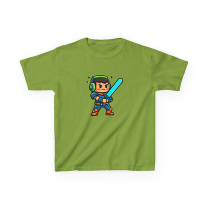 Zelené dětské tričko s pixel art postavou s mečem a helmou
