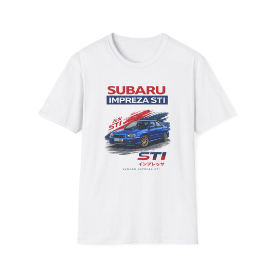 Bílé tričko s modrým Subaru Impreza STI 2001