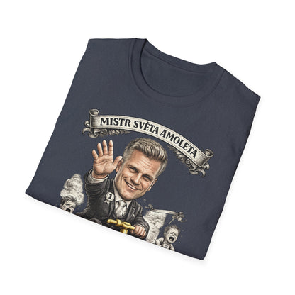 Tmavě modré tričko s karikaturou mistra světa