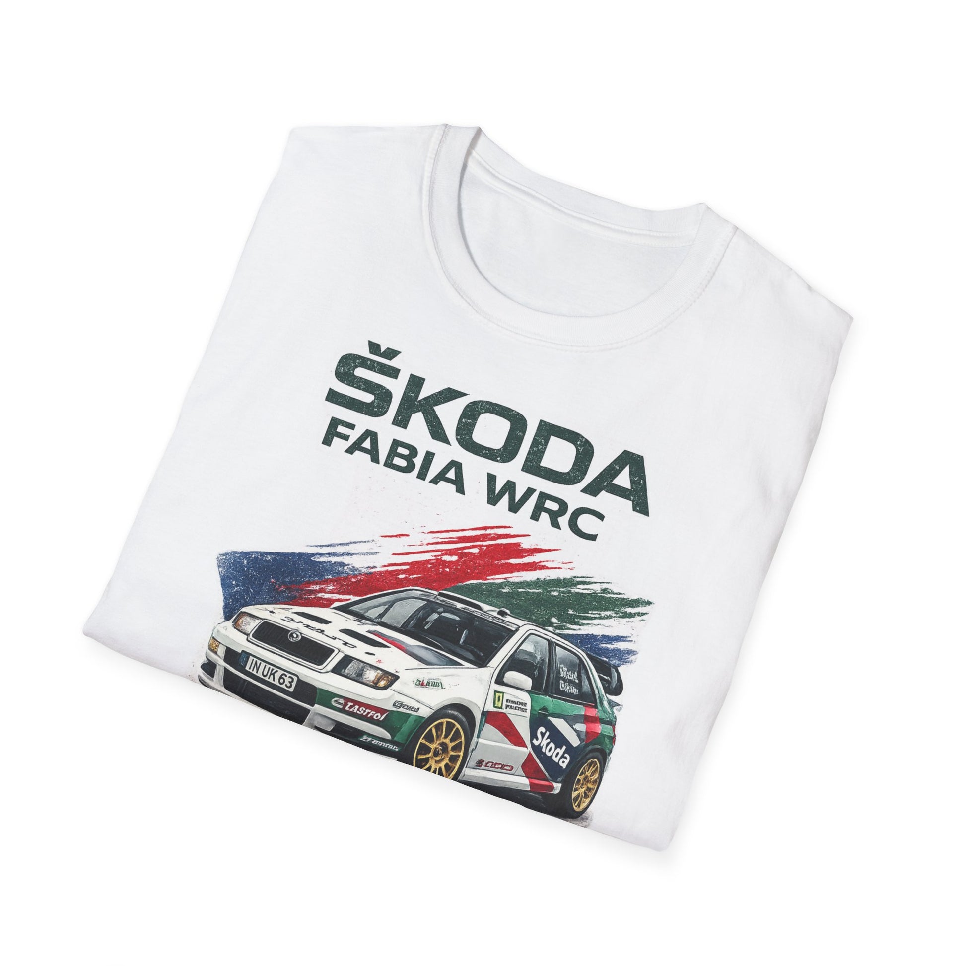 Bílé tričko s potiskem závodního vozu Škoda Fabia WRC