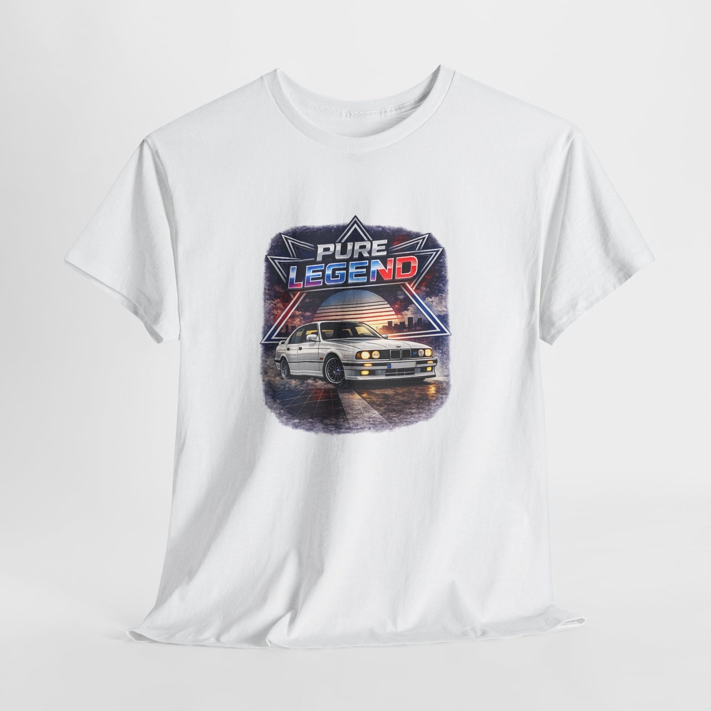 Bílé tričko s potiskem PURE LEGEND a vozem BMW E34