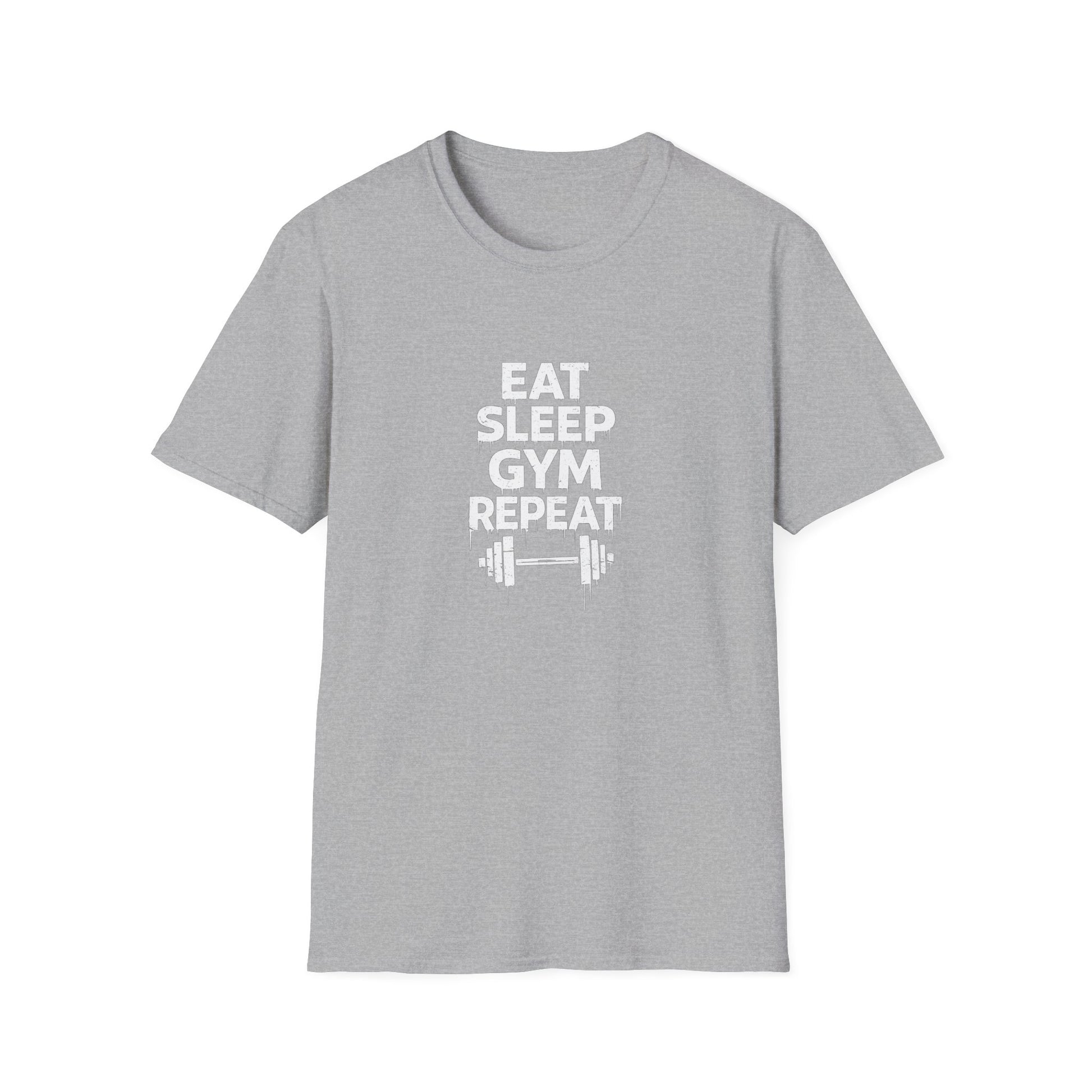 Šedé tričko s nápisem EAT SLEEP GYM REPEAT a motivem hřívačky