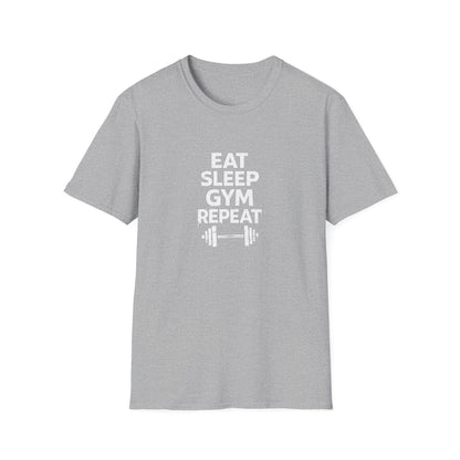 Šedé tričko s nápisem EAT SLEEP GYM REPEAT a motivem hřívačky
