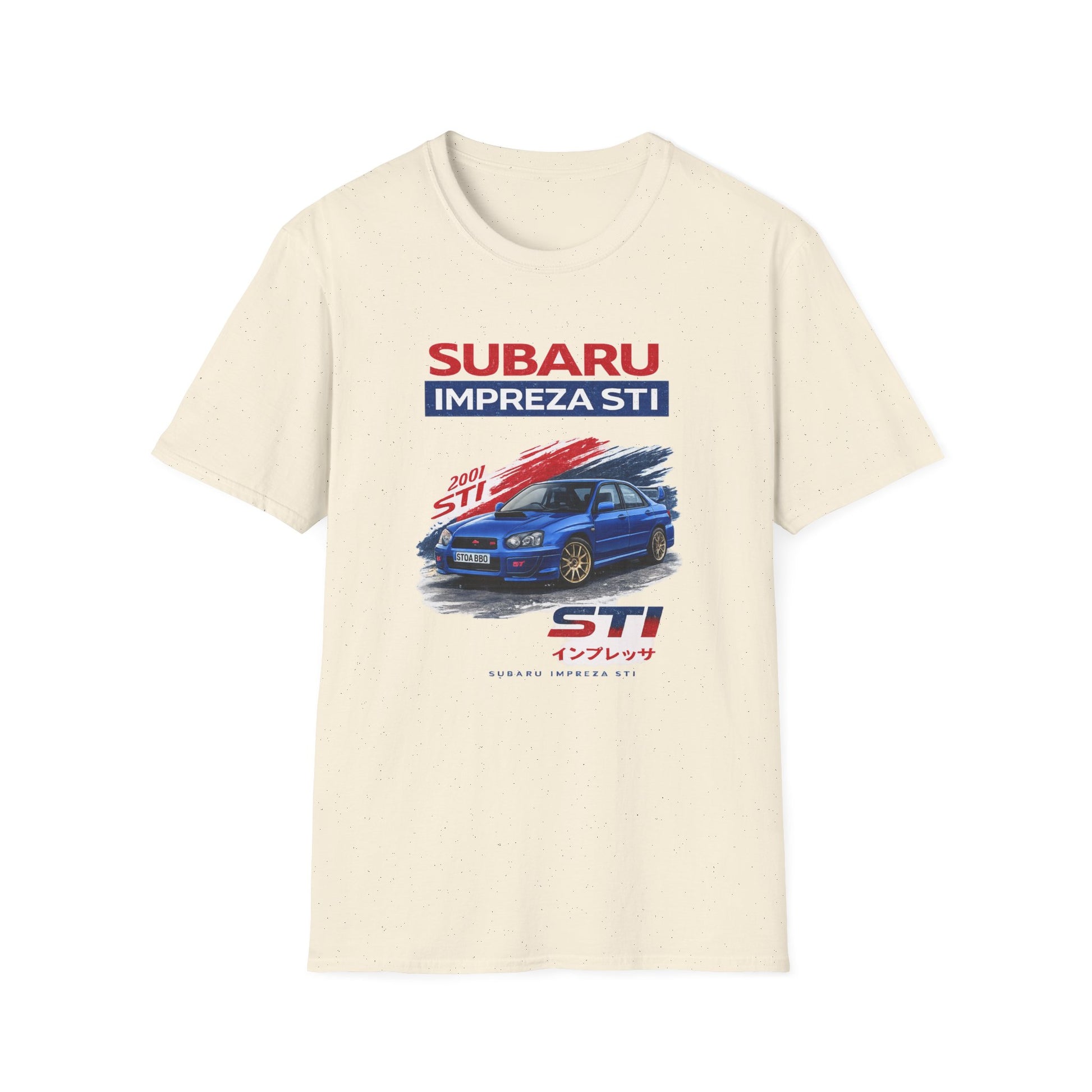 Béžové tričko s modrým vozem Subaru Impreza STI
