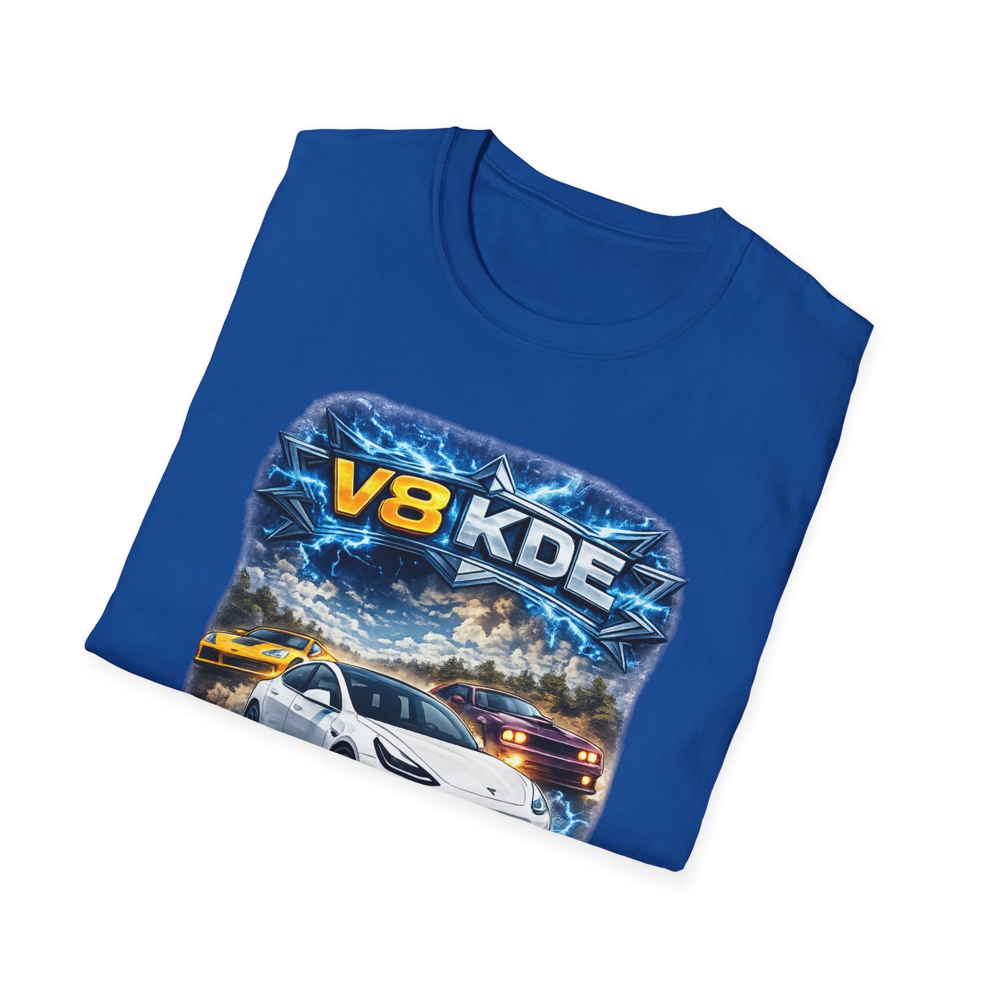 Modré tričko s potiskem V8 KDE a sportovními auty