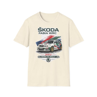 Béžové tričko s potiskem závodního vozu Škoda Fabia WRC 2003