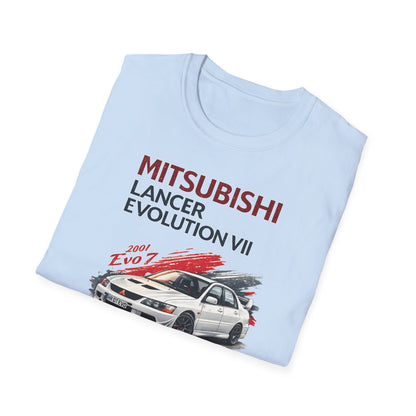Světle modré tričko s bílým vozem Mitsubishi Lancer Evo 7