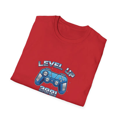Červené tričko s modrým herním ovladačem a nápisem Level Up